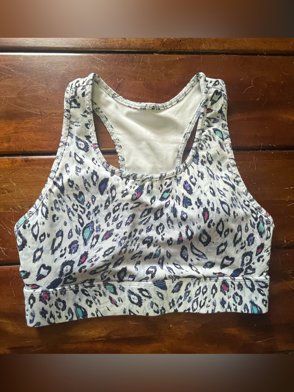 Fabletics White Leopard Print Racerback Sports Bralette with Colorful Accents